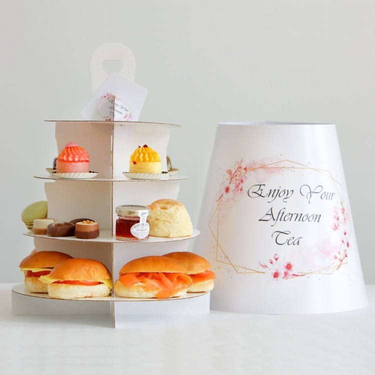 Afternoon Tea Take Away Set Tall Dessert Cake Tray Boxes Handle Industrial Food Use Embossed Matt Laminated Paper Stand Cake Box