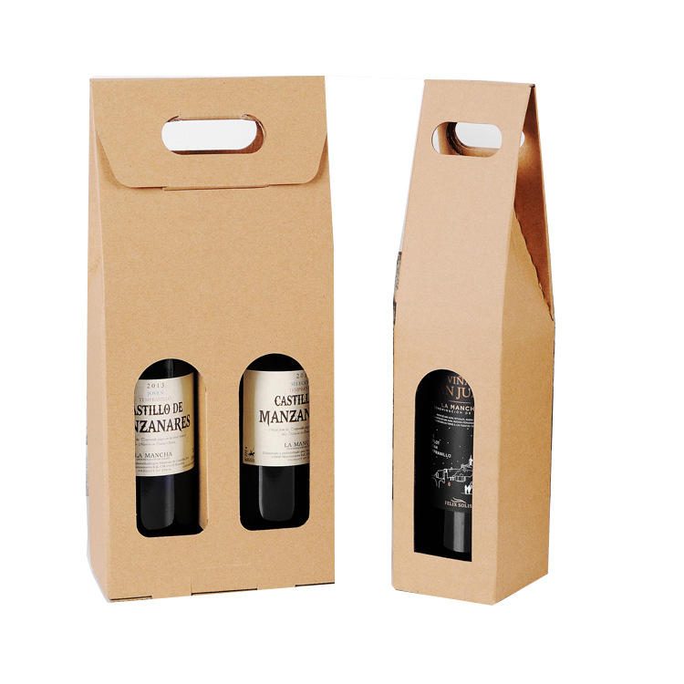 Hot Sale Kraft Paper Red Wine Box Custom Handle Portable Single / Double Window Gift Kraft Wine Box 门帘