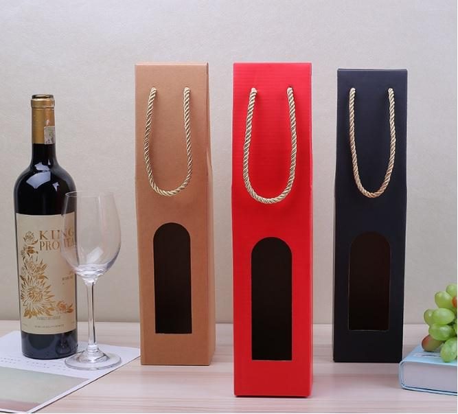 Kraft Paper Single Red Wine Box Hot-Stamping Logo Oliver Oil Champagne Bottle Carrier Hand-Held Window Gift Box for Wine No reviews yet 门帘